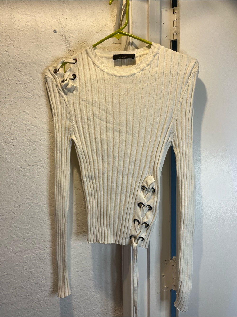 Ribbed Lace-Up Cream Long-Sleeve Women's Top